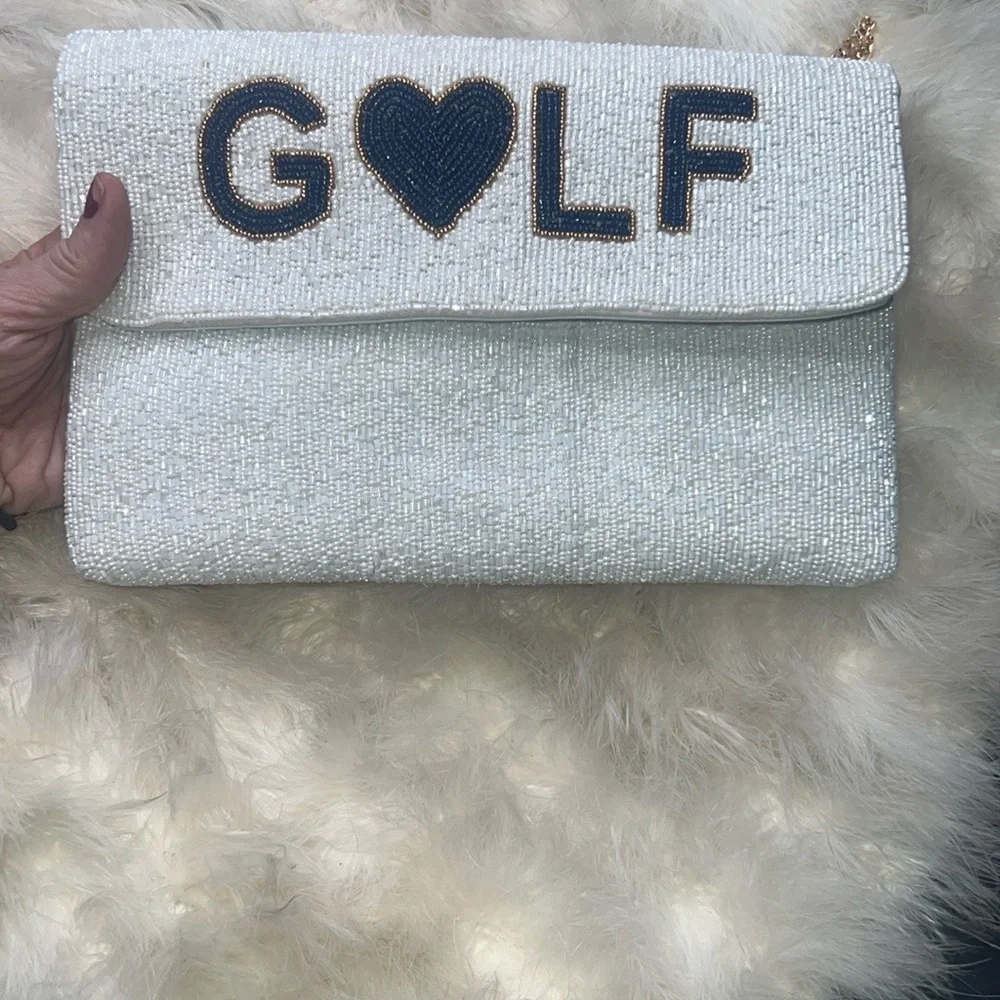 GOLF WIFEY New White & Blue Beaded Clutch Golfers Resort Country Club Vacation - Picture 8 of 16